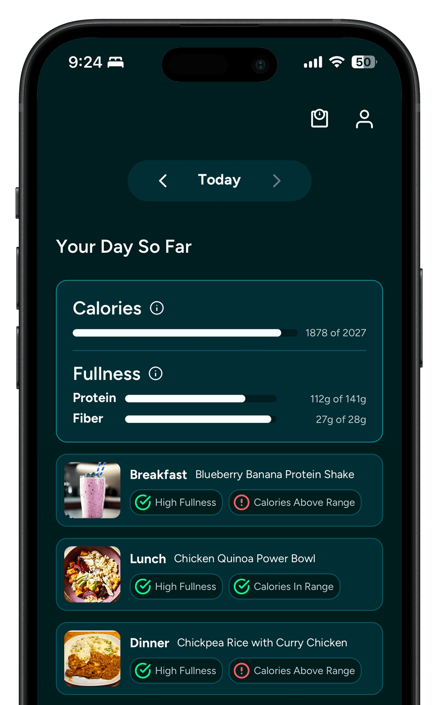 Fitmate app screen showing a meal logging workflow